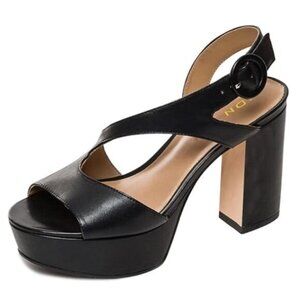 YDN Women’s Black Peep Toe Chunky Platform Heels Ankle Buckle Asymmetrical Strap